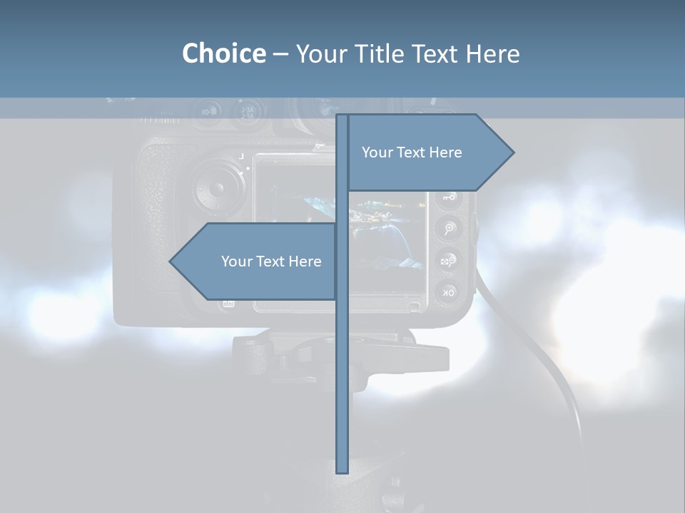 A Video Camera On A Tripod With Blurry Lights In The Background PowerPoint Template