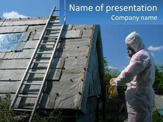 A Man In A White Suit And A Ladder Next To A Building PowerPoint Template