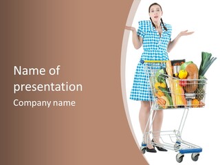 A Woman With A Shopping Cart Full Of Fruits And Vegetables PowerPoint Template