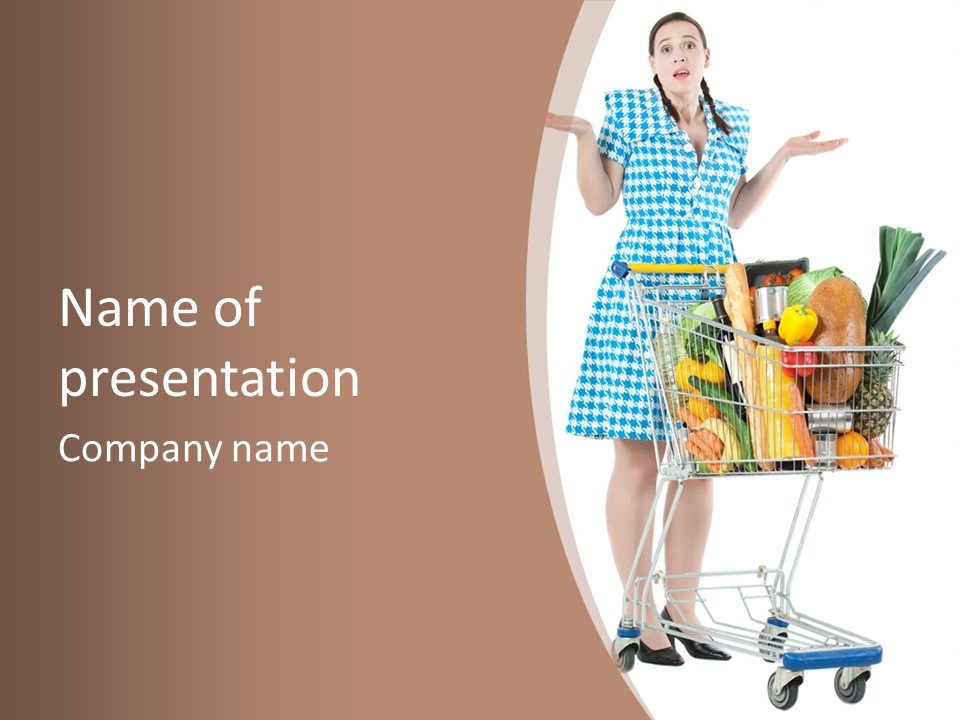 A Woman With A Shopping Cart Full Of Fruits And Vegetables PowerPoint Template