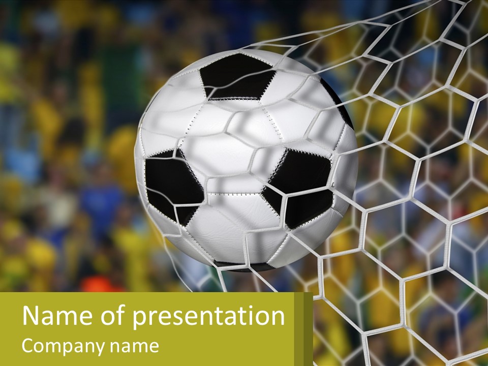 A Soccer Ball In The Net With A Crowd In The Background PowerPoint Template