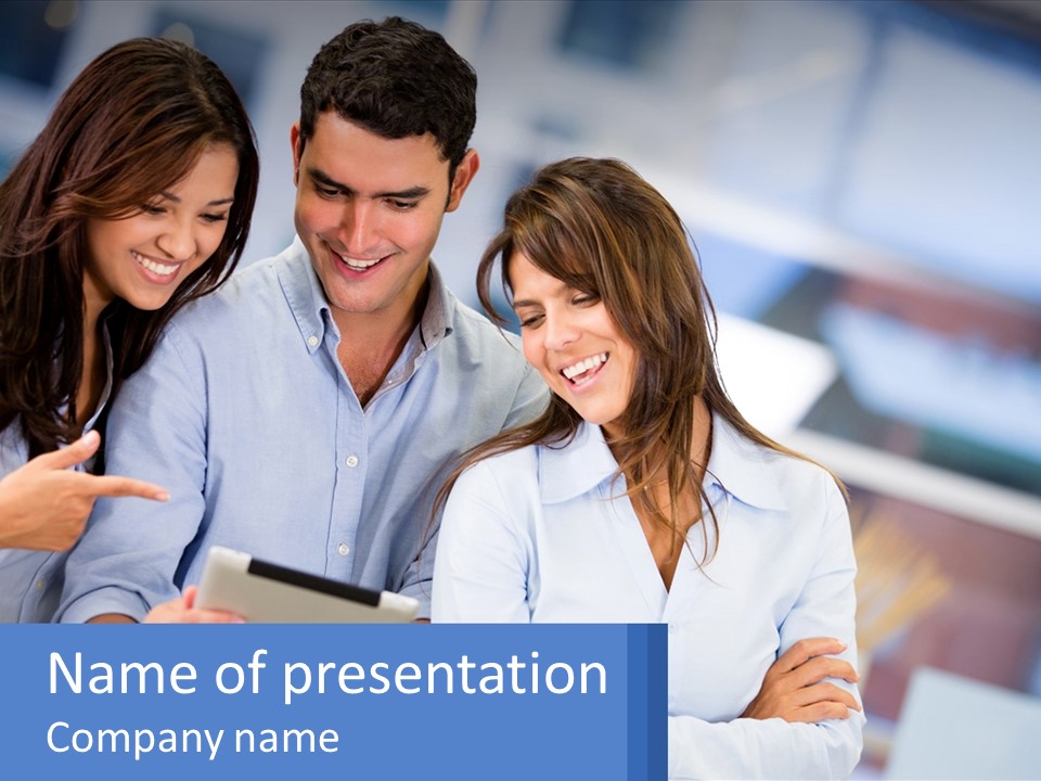 A Group Of People Looking At A Tablet PowerPoint Template