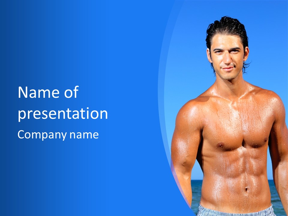 A Man With No Shirt Standing In Front Of The Ocean PowerPoint Template