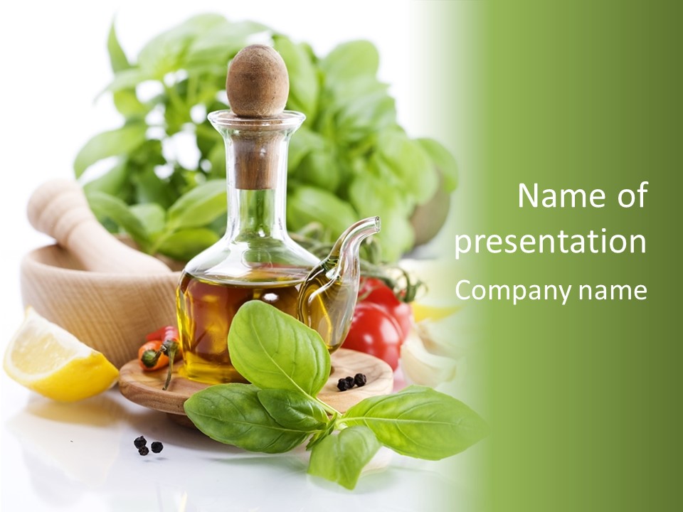 A Bottle Of Olive Oil Next To A Cutting Board With A Lemon, Pepper, PowerPoint Template
