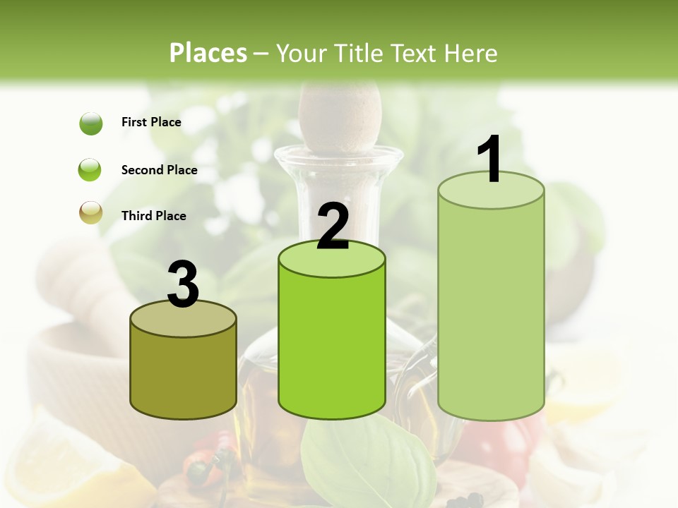 A Bottle Of Olive Oil Next To A Cutting Board With A Lemon, Pepper, PowerPoint Template