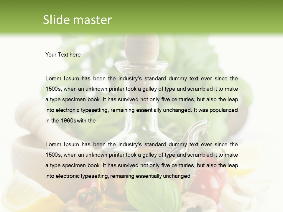 A Bottle Of Olive Oil Next To A Cutting Board With A Lemon, Pepper, PowerPoint Template