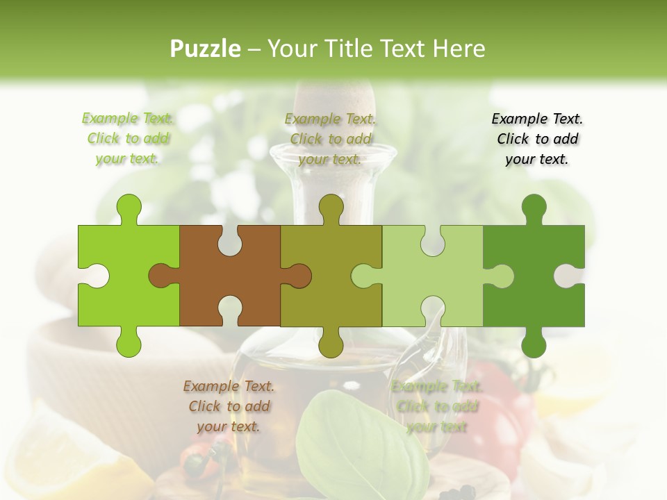 A Bottle Of Olive Oil Next To A Cutting Board With A Lemon, Pepper, PowerPoint Template