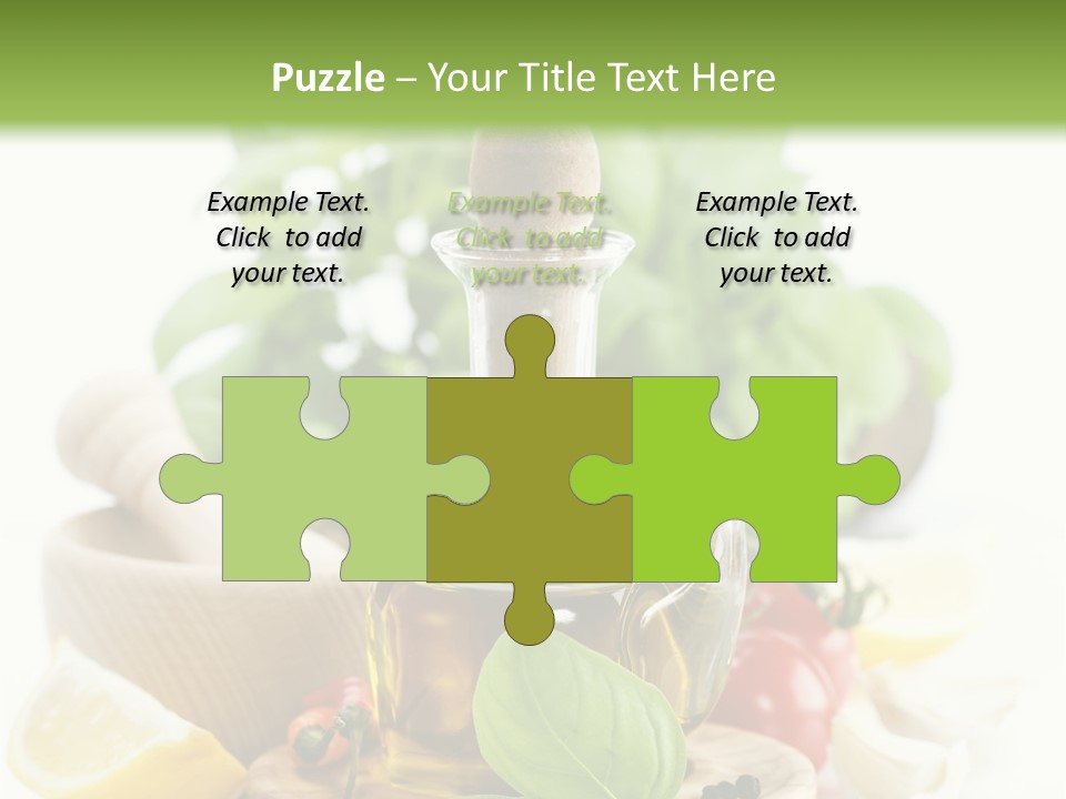 A Bottle Of Olive Oil Next To A Cutting Board With A Lemon, Pepper, PowerPoint Template