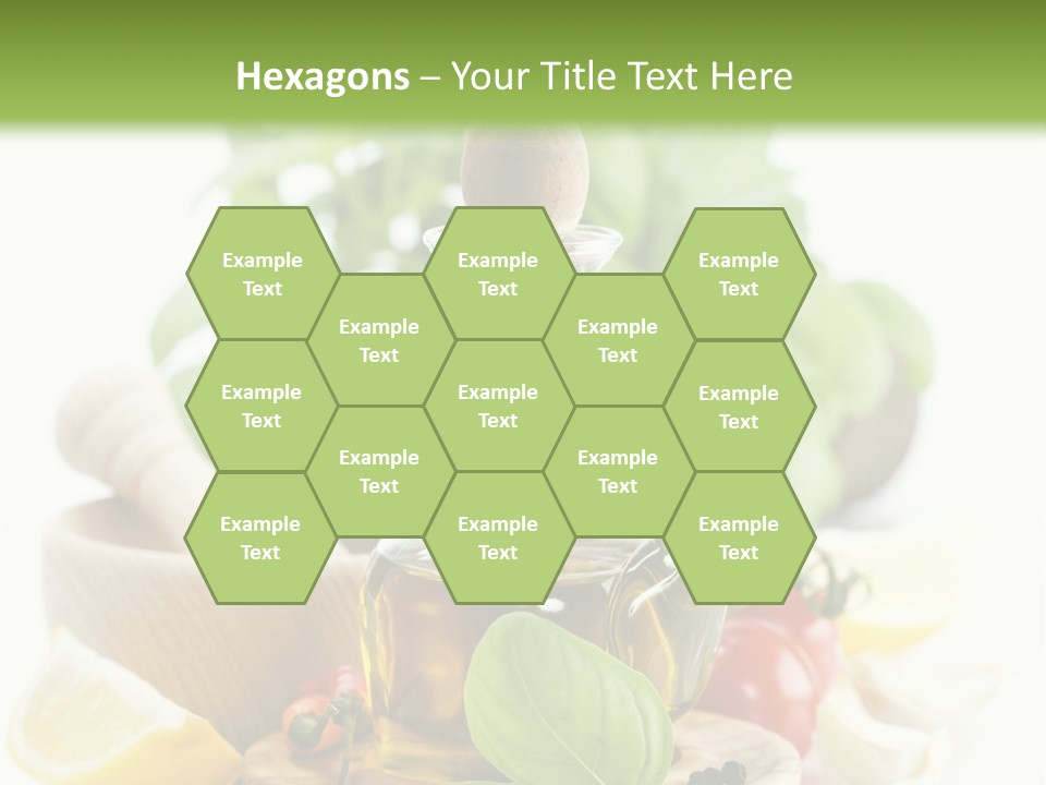 A Bottle Of Olive Oil Next To A Cutting Board With A Lemon, Pepper, PowerPoint Template