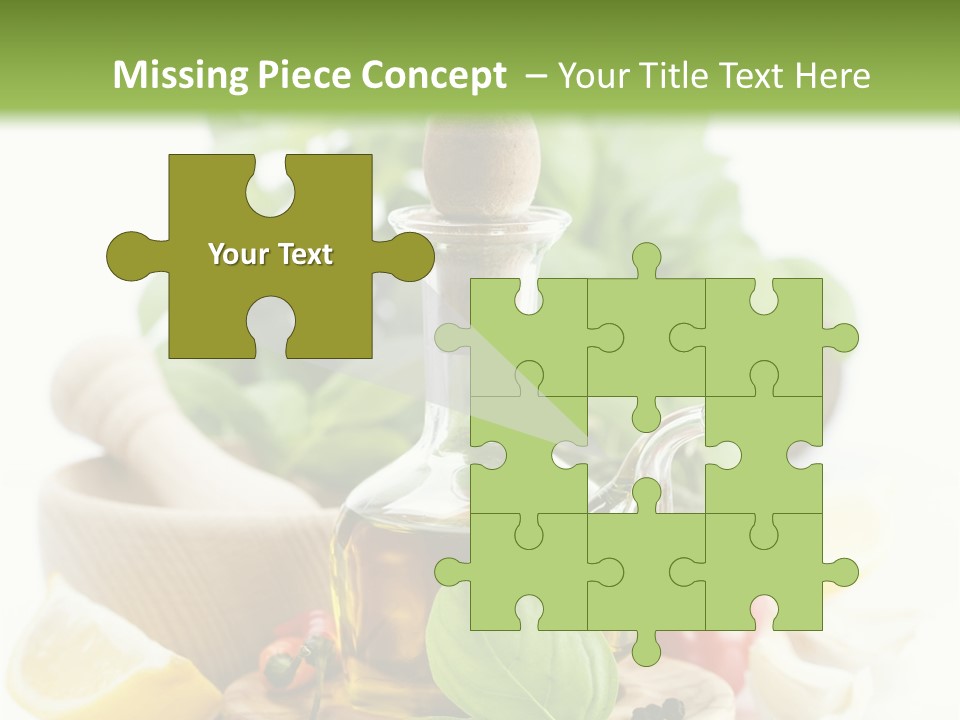 A Bottle Of Olive Oil Next To A Cutting Board With A Lemon, Pepper, PowerPoint Template