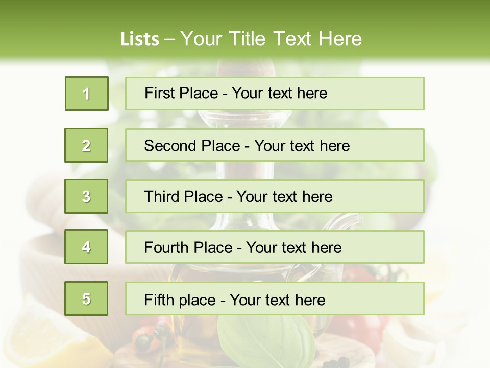 A Bottle Of Olive Oil Next To A Cutting Board With A Lemon, Pepper, PowerPoint Template