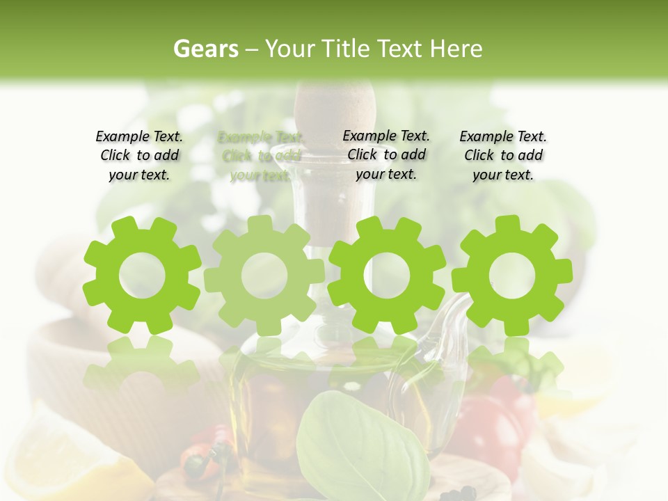 A Bottle Of Olive Oil Next To A Cutting Board With A Lemon, Pepper, PowerPoint Template