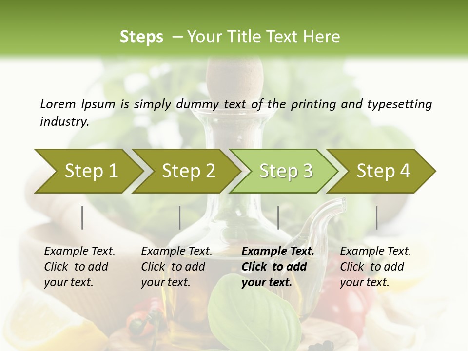 A Bottle Of Olive Oil Next To A Cutting Board With A Lemon, Pepper, PowerPoint Template