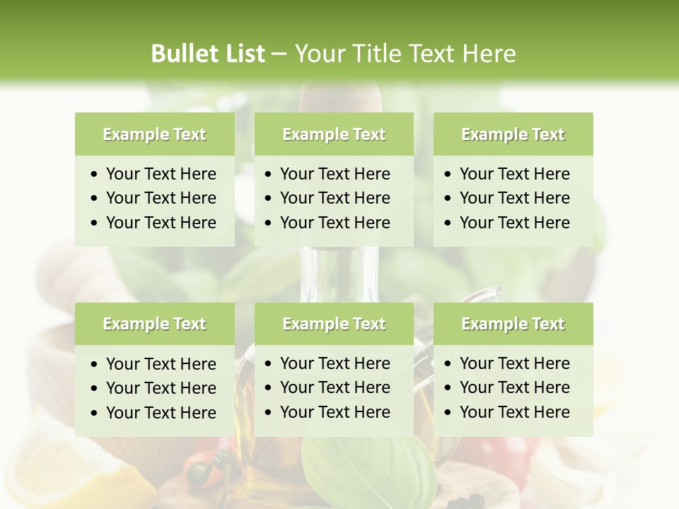 A Bottle Of Olive Oil Next To A Cutting Board With A Lemon, Pepper, PowerPoint Template