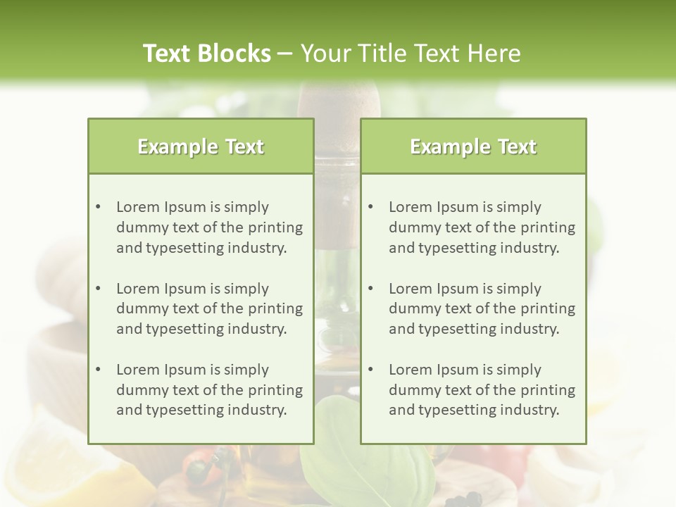 A Bottle Of Olive Oil Next To A Cutting Board With A Lemon, Pepper, PowerPoint Template