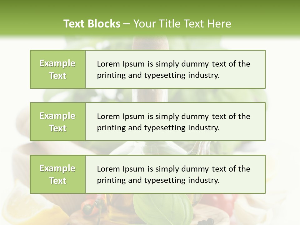A Bottle Of Olive Oil Next To A Cutting Board With A Lemon, Pepper, PowerPoint Template