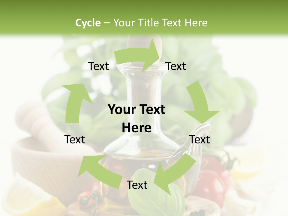 A Bottle Of Olive Oil Next To A Cutting Board With A Lemon, Pepper, PowerPoint Template