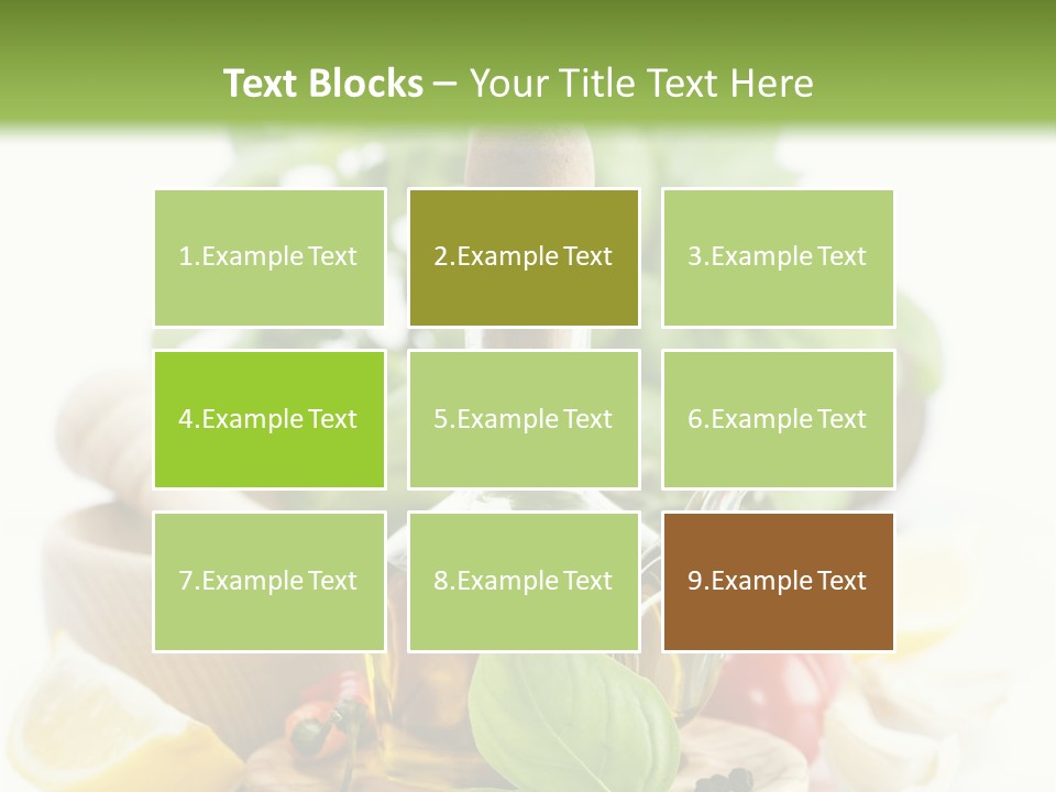 A Bottle Of Olive Oil Next To A Cutting Board With A Lemon, Pepper, PowerPoint Template