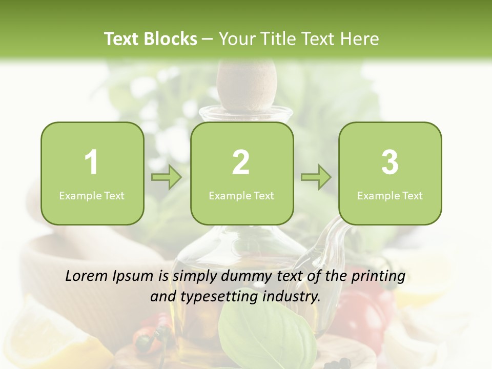 A Bottle Of Olive Oil Next To A Cutting Board With A Lemon, Pepper, PowerPoint Template