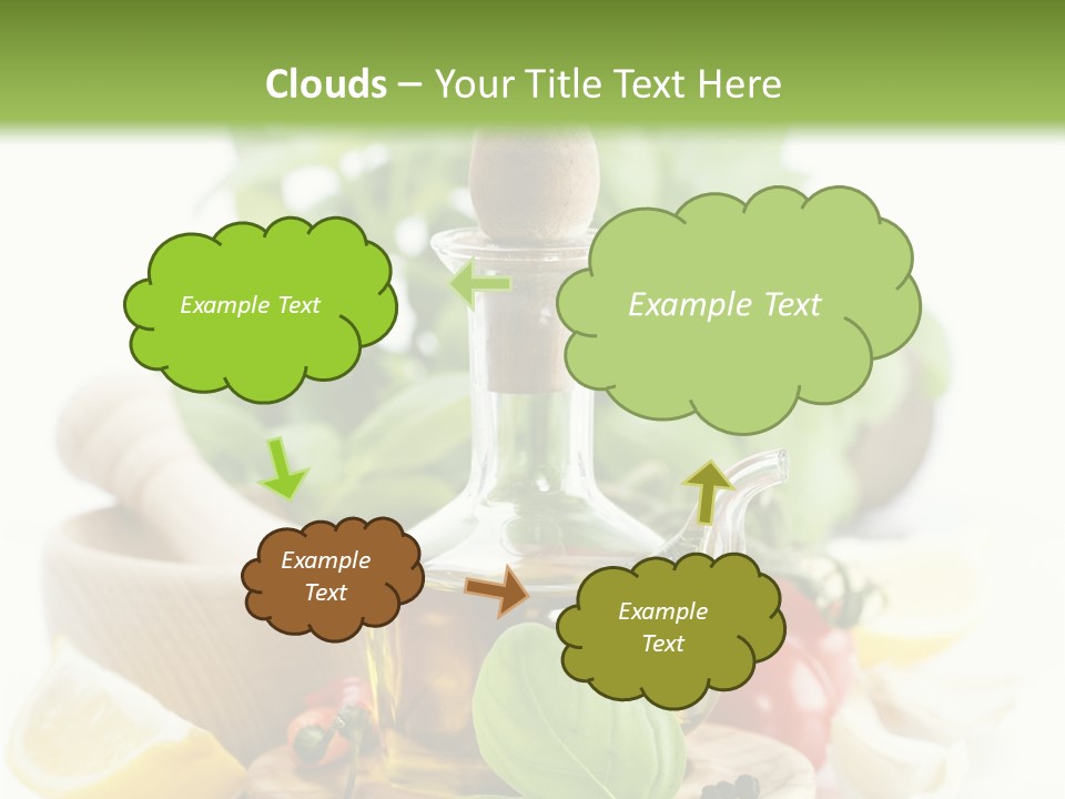 A Bottle Of Olive Oil Next To A Cutting Board With A Lemon, Pepper, PowerPoint Template