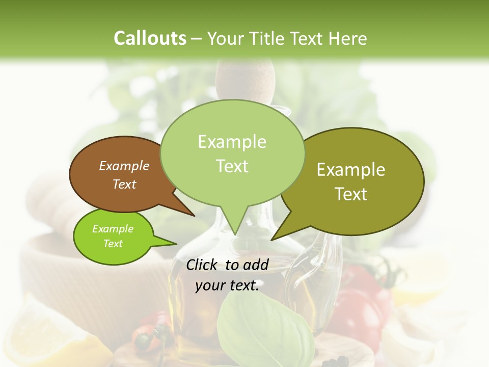 A Bottle Of Olive Oil Next To A Cutting Board With A Lemon, Pepper, PowerPoint Template