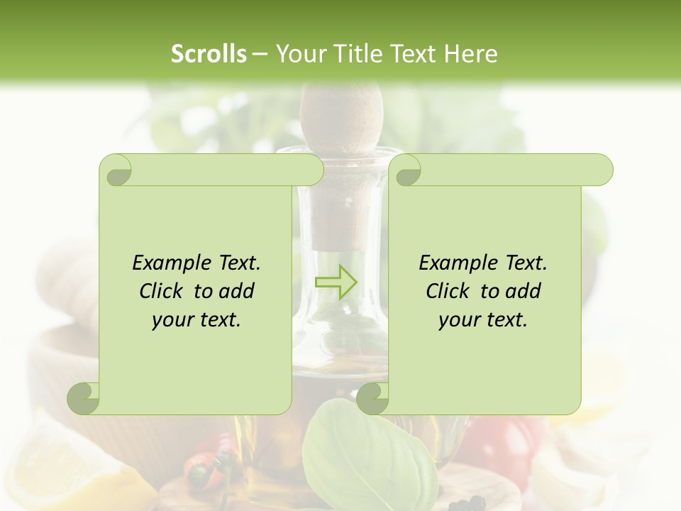 A Bottle Of Olive Oil Next To A Cutting Board With A Lemon, Pepper, PowerPoint Template