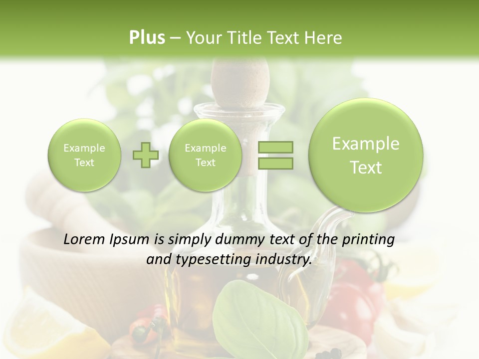 A Bottle Of Olive Oil Next To A Cutting Board With A Lemon, Pepper, PowerPoint Template