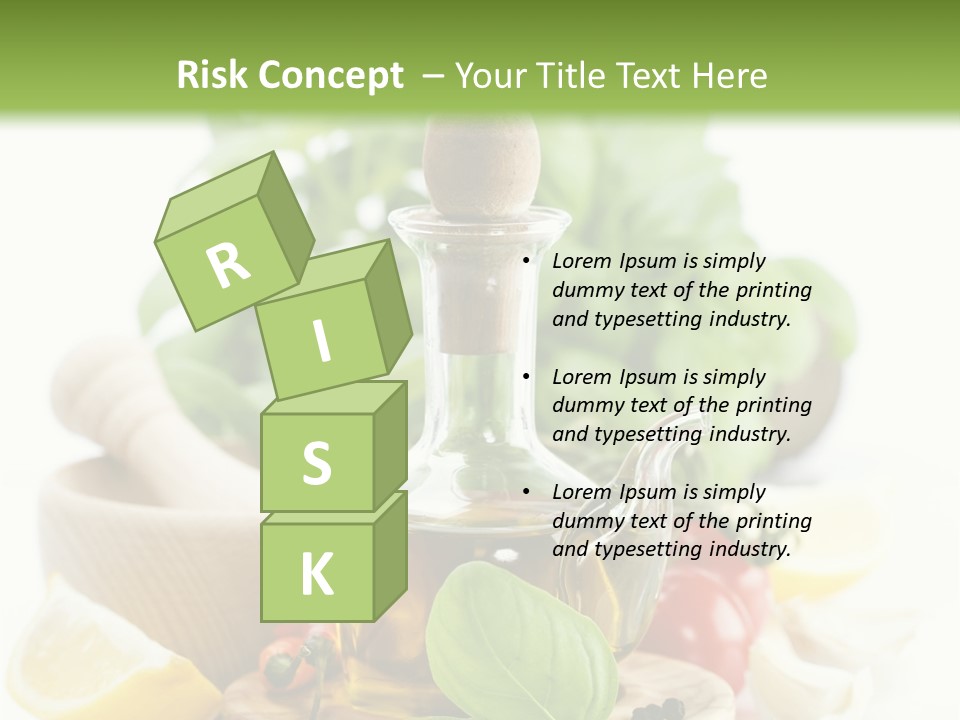 A Bottle Of Olive Oil Next To A Cutting Board With A Lemon, Pepper, PowerPoint Template