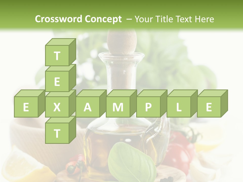 A Bottle Of Olive Oil Next To A Cutting Board With A Lemon, Pepper, PowerPoint Template