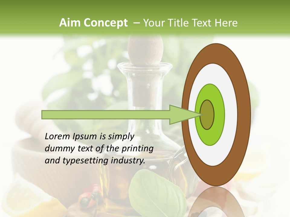 A Bottle Of Olive Oil Next To A Cutting Board With A Lemon, Pepper, PowerPoint Template