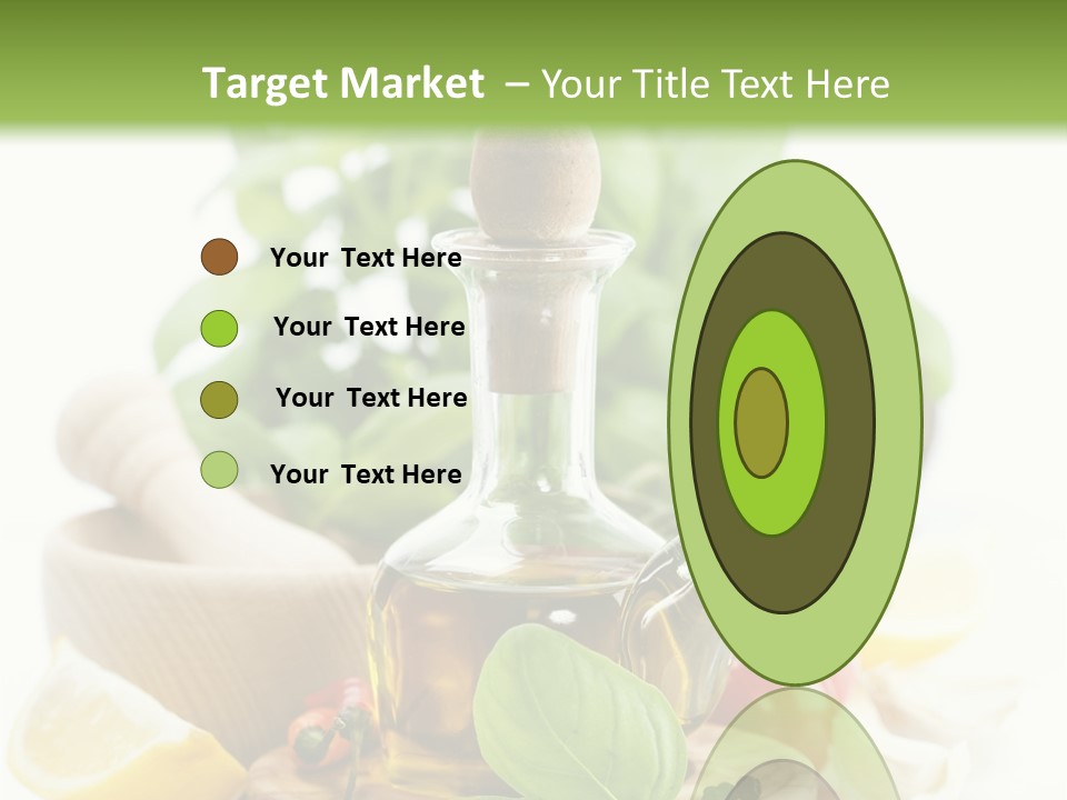 A Bottle Of Olive Oil Next To A Cutting Board With A Lemon, Pepper, PowerPoint Template