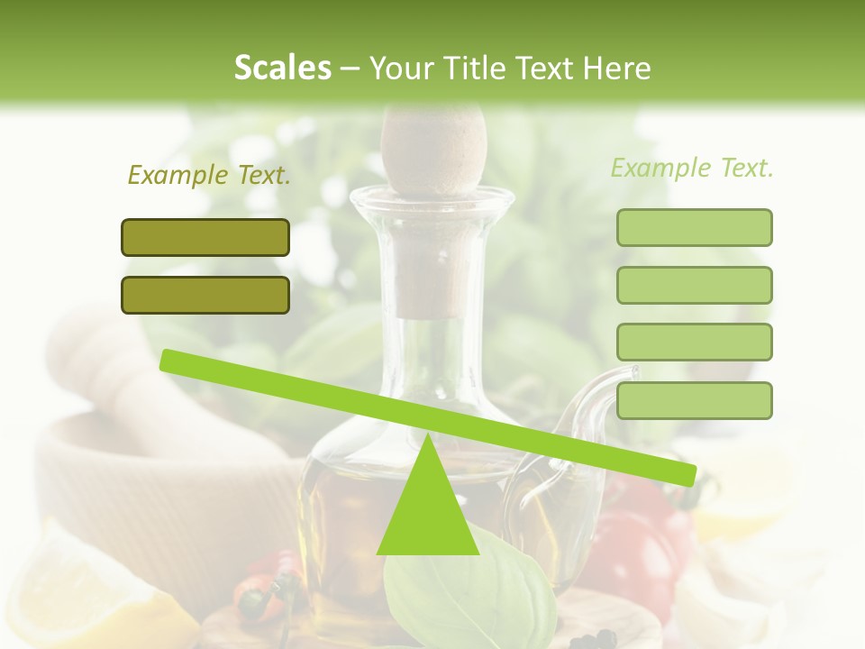 A Bottle Of Olive Oil Next To A Cutting Board With A Lemon, Pepper, PowerPoint Template