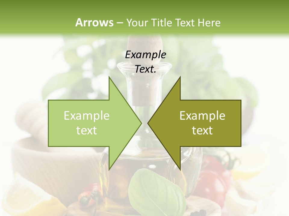A Bottle Of Olive Oil Next To A Cutting Board With A Lemon, Pepper, PowerPoint Template