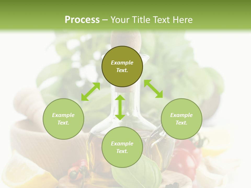 A Bottle Of Olive Oil Next To A Cutting Board With A Lemon, Pepper, PowerPoint Template