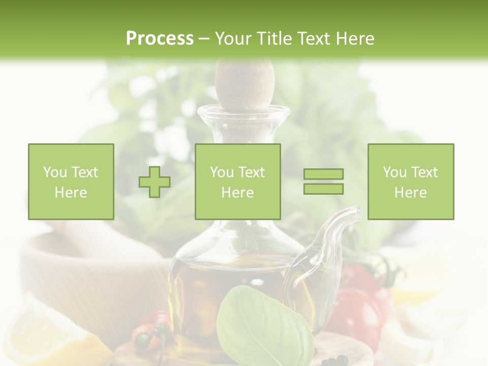 A Bottle Of Olive Oil Next To A Cutting Board With A Lemon, Pepper, PowerPoint Template