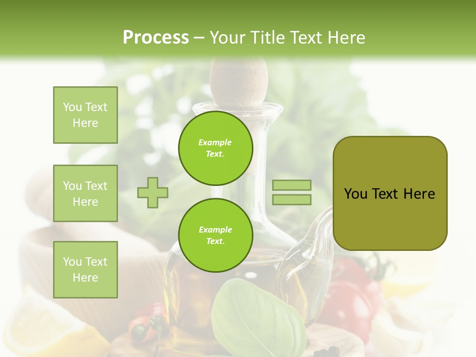 A Bottle Of Olive Oil Next To A Cutting Board With A Lemon, Pepper, PowerPoint Template