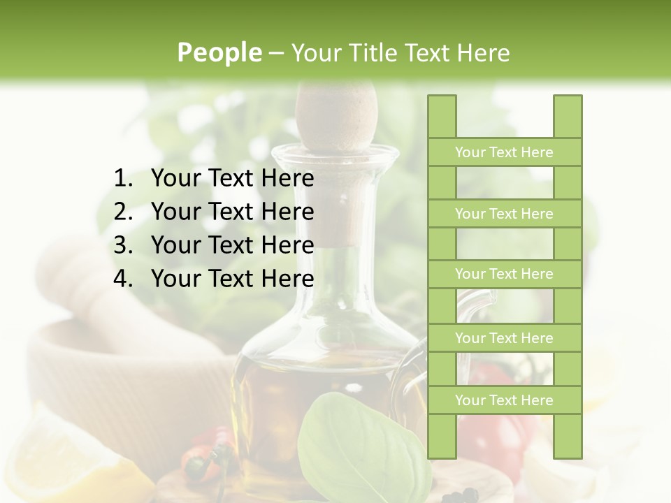 A Bottle Of Olive Oil Next To A Cutting Board With A Lemon, Pepper, PowerPoint Template