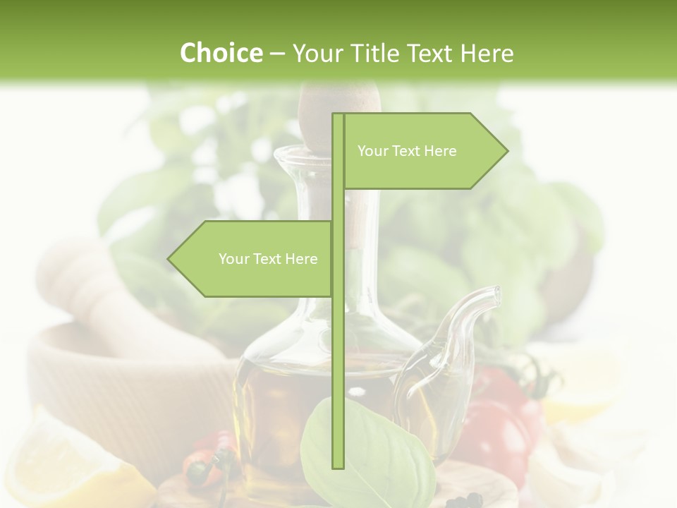 A Bottle Of Olive Oil Next To A Cutting Board With A Lemon, Pepper, PowerPoint Template