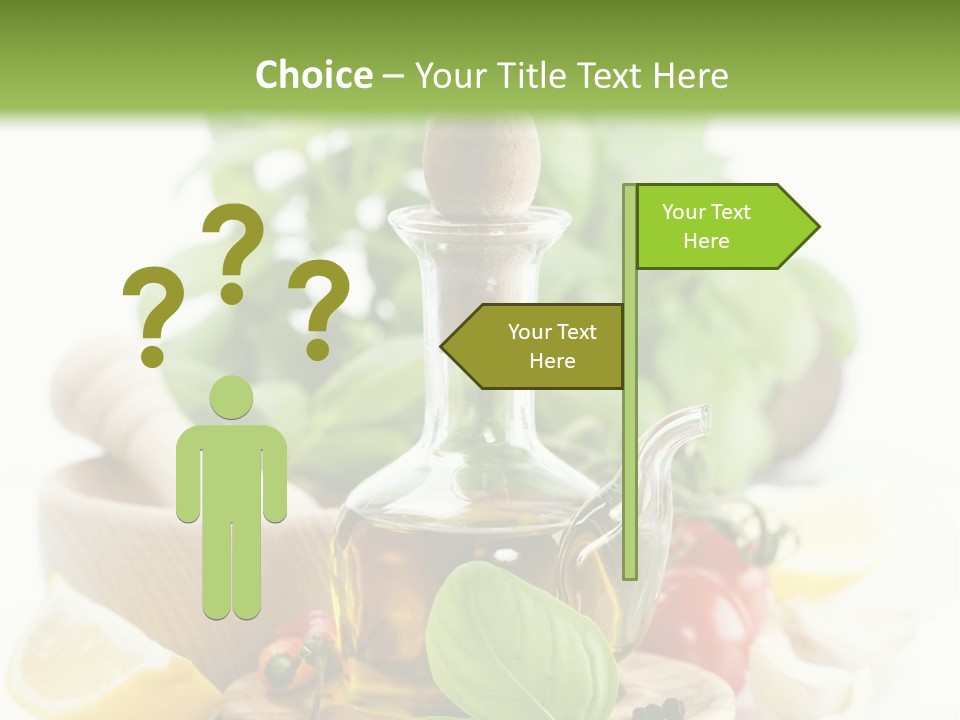 A Bottle Of Olive Oil Next To A Cutting Board With A Lemon, Pepper, PowerPoint Template