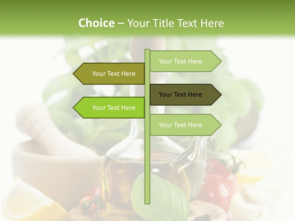 A Bottle Of Olive Oil Next To A Cutting Board With A Lemon, Pepper, PowerPoint Template