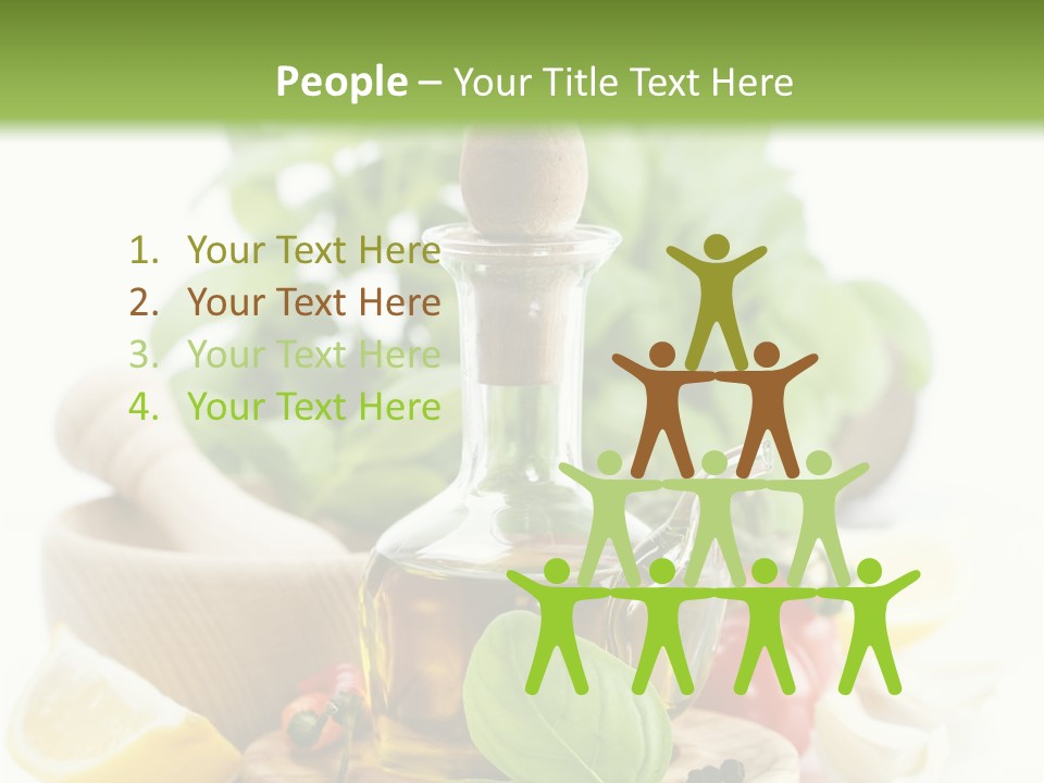 A Bottle Of Olive Oil Next To A Cutting Board With A Lemon, Pepper, PowerPoint Template