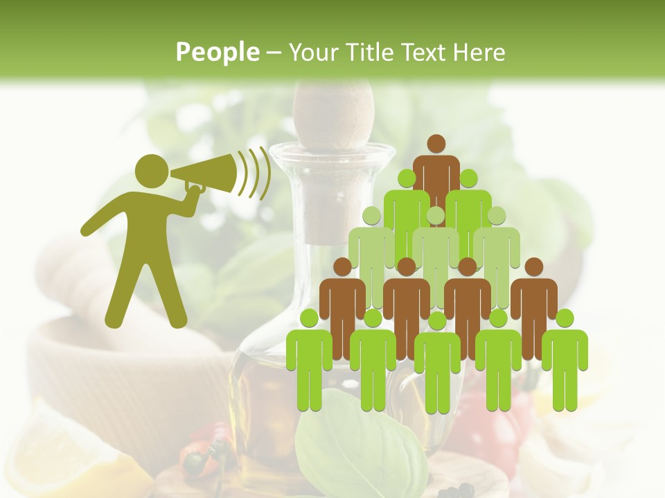 A Bottle Of Olive Oil Next To A Cutting Board With A Lemon, Pepper, PowerPoint Template