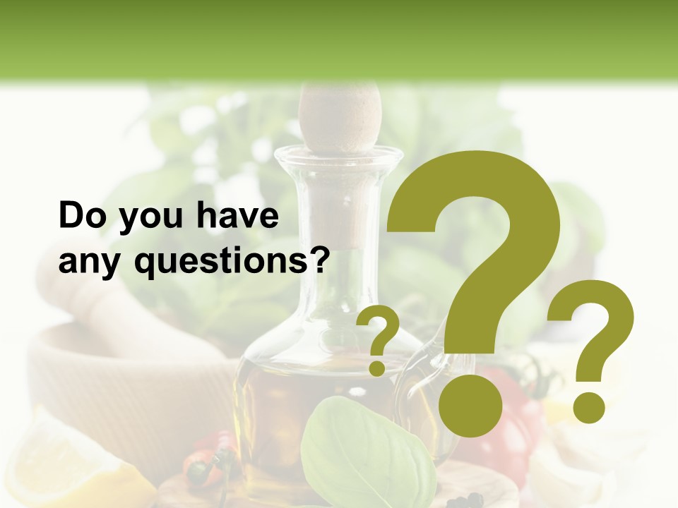 A Bottle Of Olive Oil Next To A Cutting Board With A Lemon, Pepper, PowerPoint Template