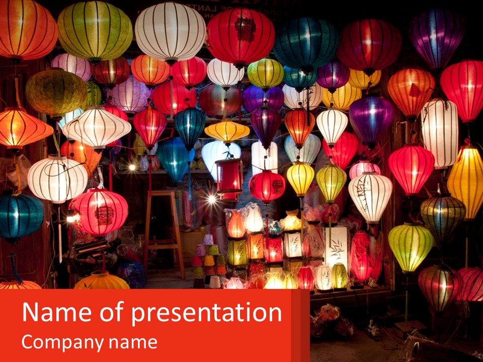 Many Colorful Lanterns Are Hanging In A Room PowerPoint Template