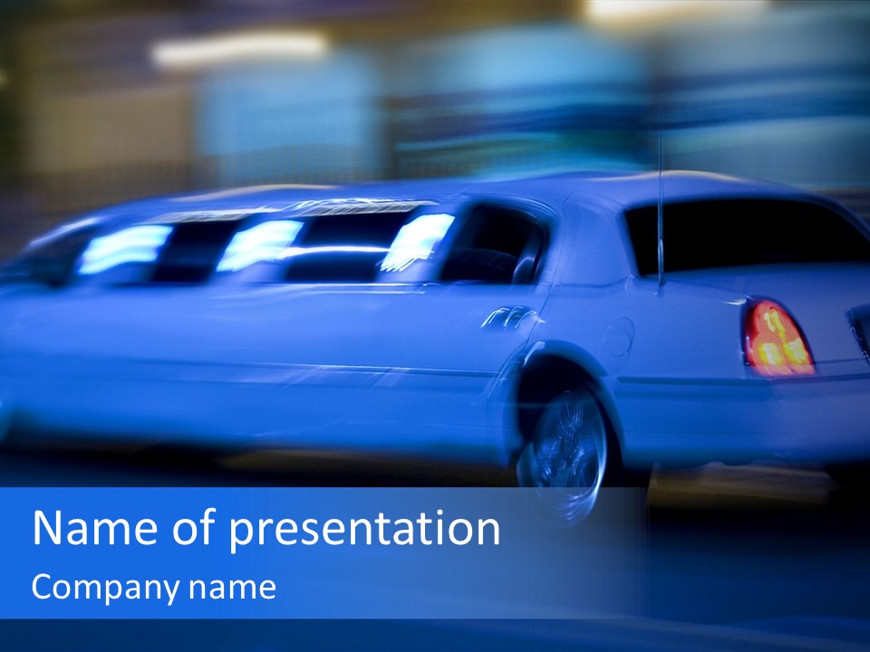 A Blue Car Driving Down A Street At Night PowerPoint Template