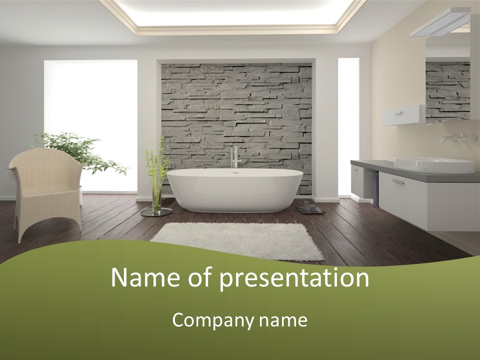 A Bathroom With A White Bath Tub And Wooden Floors PowerPoint Template