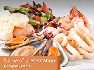 A Plate Of Food With Shrimp, Mussels And Other Foods PowerPoint Template