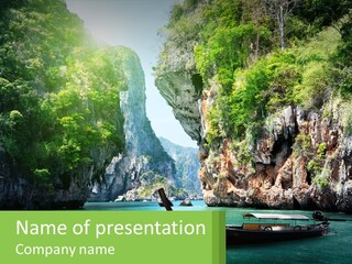 A Boat Floating In A Body Of Water Near Mountains PowerPoint Template