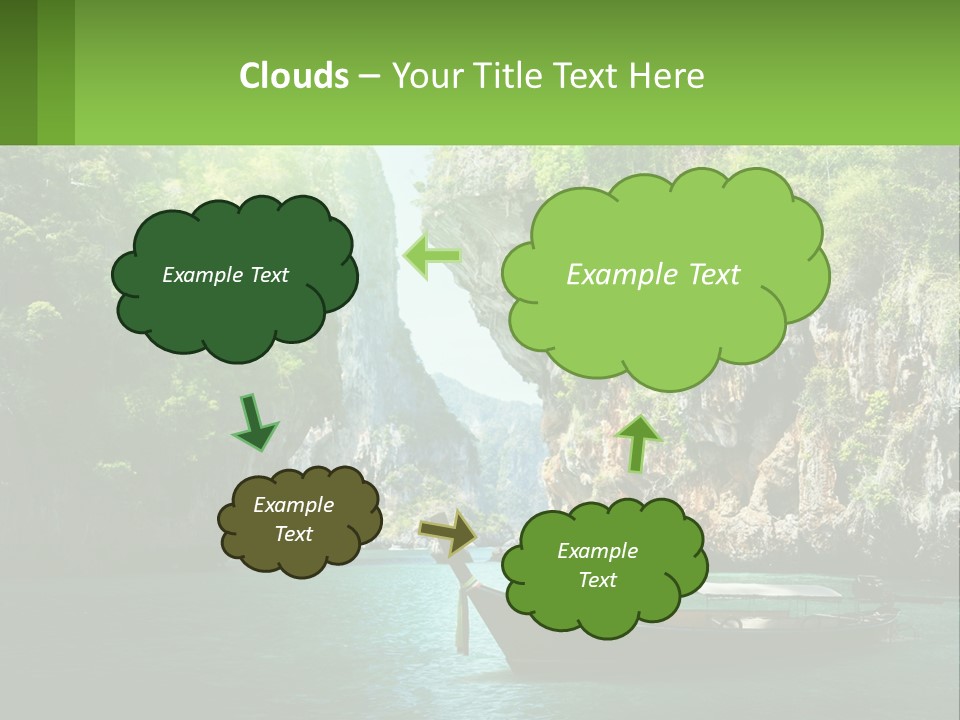 A Boat Floating In A Body Of Water Near Mountains PowerPoint Template