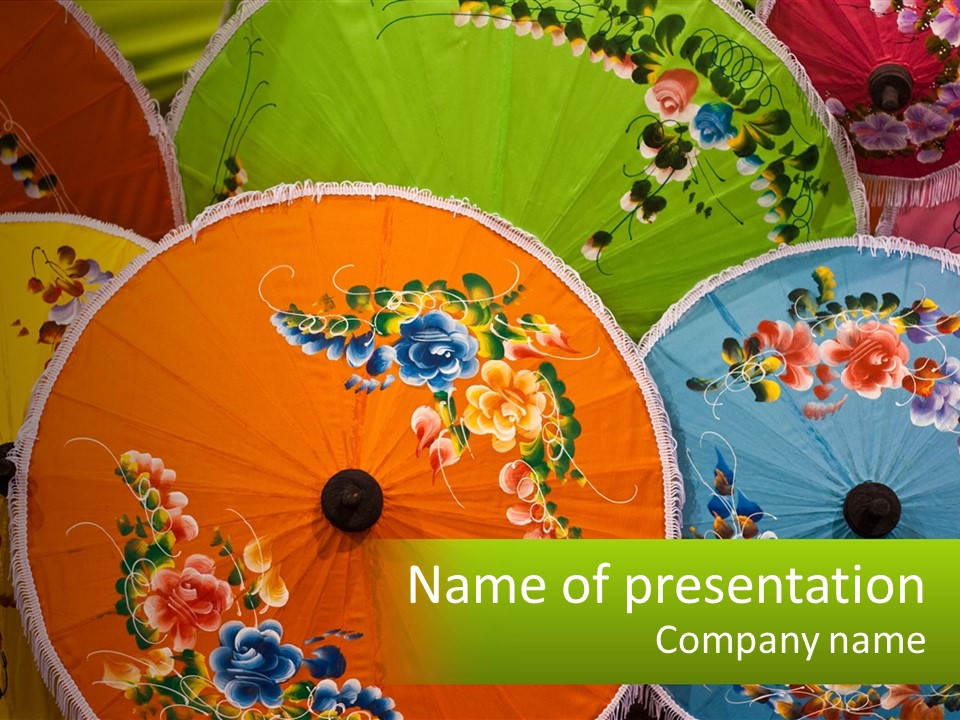 A Group Of Colorful Umbrellas With A Name Of Presentation PowerPoint Template